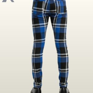 Full rear view of a male model wearing men's cobalt blue and black tartan plaid skinny punk pants featuring back patch pockets and belt loops.