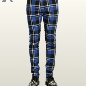 Men's slim-fit cobalt blue checkered gothic trousers styled with black leather zebra-print oxfords.