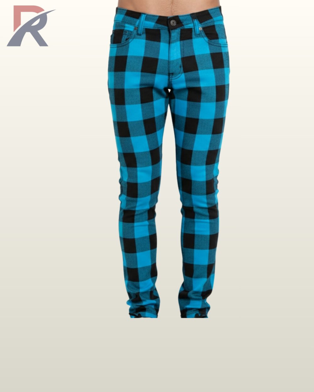 Front view of high-contrast bright blue and black checkered punk rock pants.