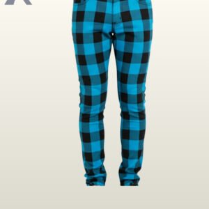 Front view of high-contrast bright blue and black checkered punk rock pants.