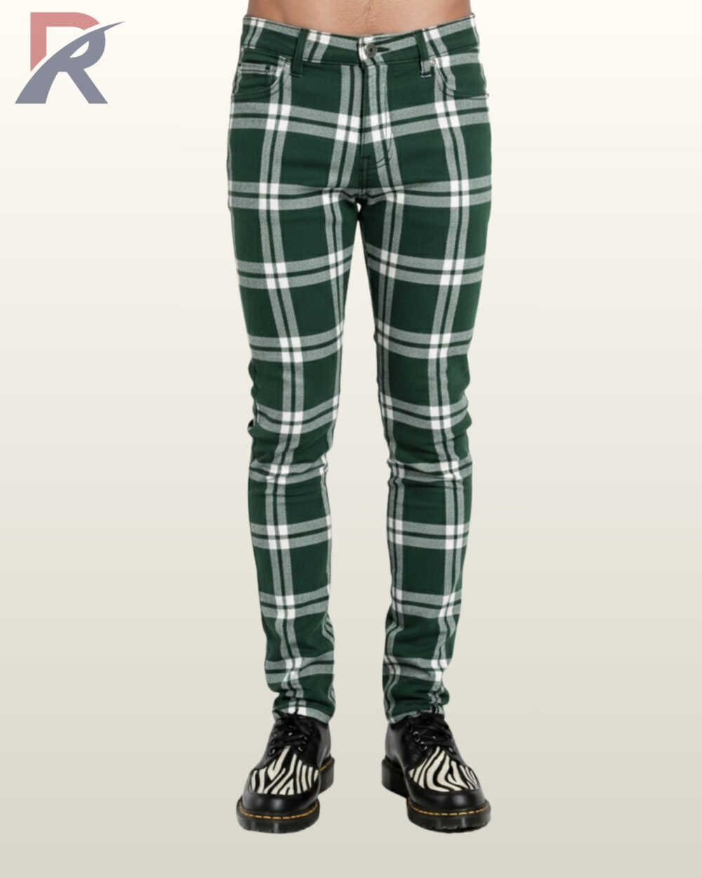 Front view of green and white checkered skinny pants styled with alternative footwear.