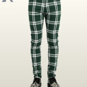 Front view of green and white checkered skinny pants styled with alternative footwear.