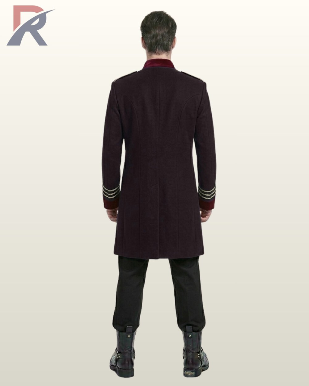 Back perspective of a men's victorian parade tunic coat displaying clean shoulder tailoring, burgundy velvet cuffs, and black combat boots.