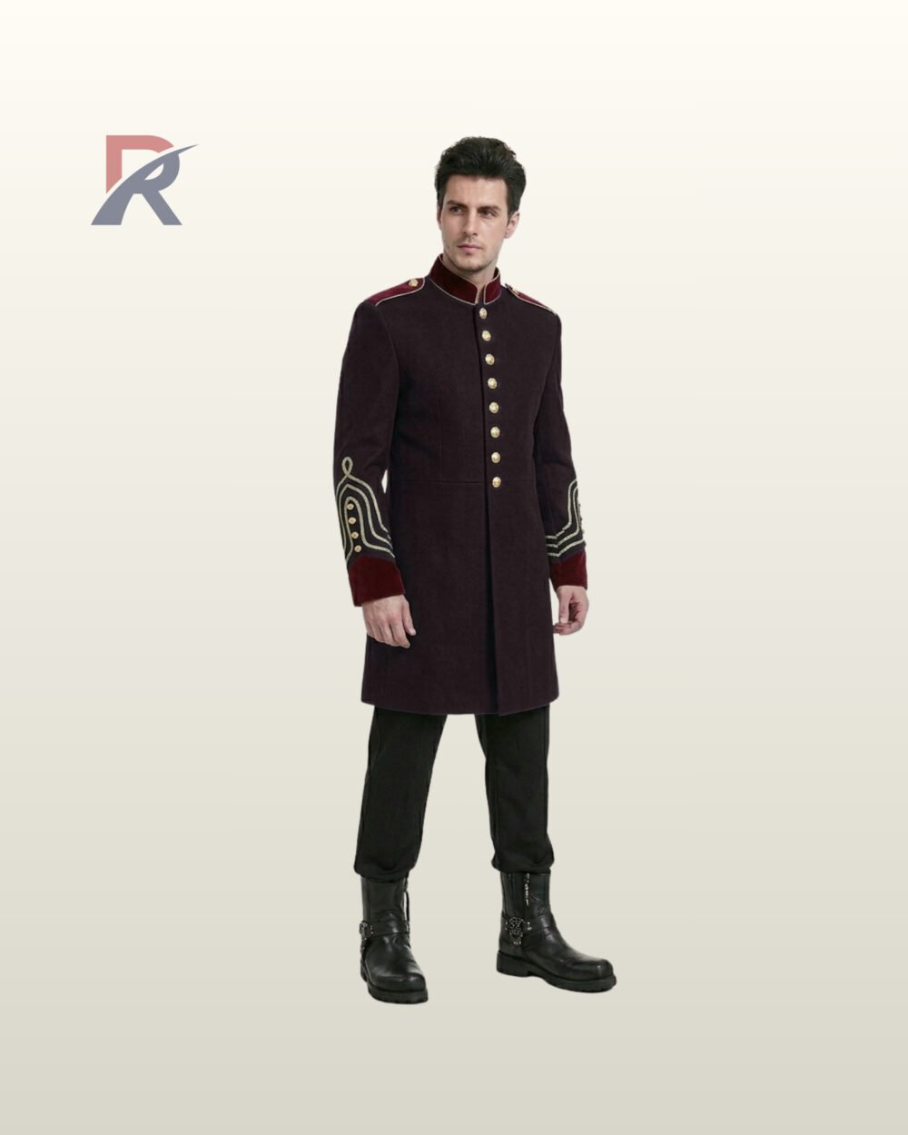 Men's maroon victorian officer uniform coat styled with black trousers and boots, displaying velvet cuff trim and gold shoulder epaulets.