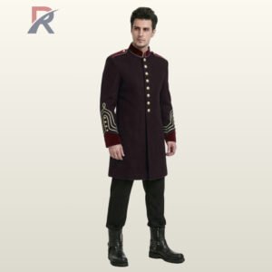 Men's maroon victorian officer uniform coat styled with black trousers and boots, displaying velvet cuff trim and gold shoulder epaulets.