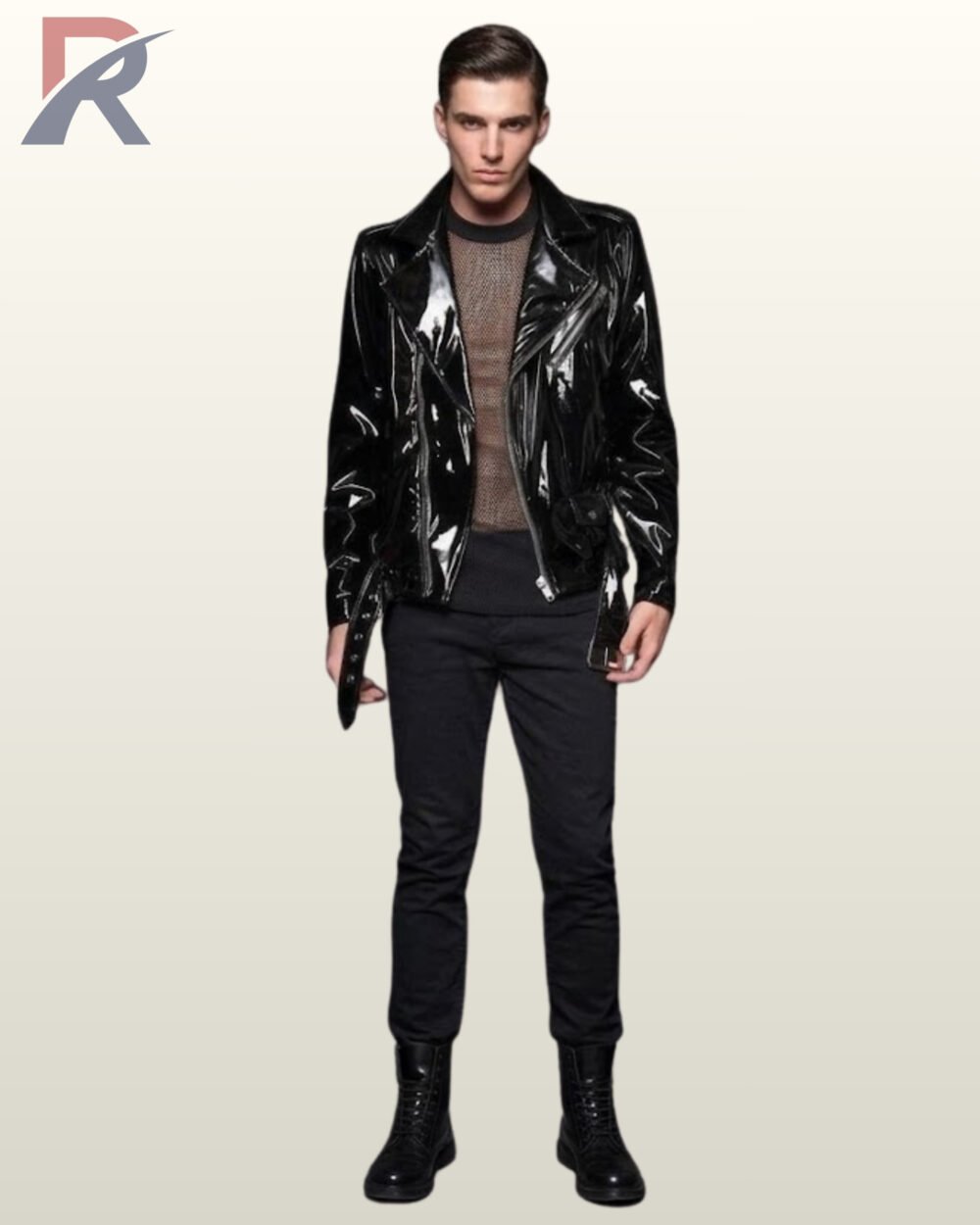 Men's high-shine black leather motorcycle jacket featuring snap-down collar lapels, metallic zipper hardware, and a buckled hem belt.