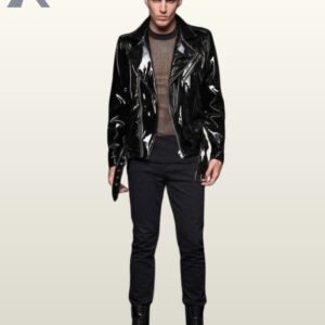 Men's high-shine black leather motorcycle jacket featuring snap-down collar lapels, metallic zipper hardware, and a buckled hem belt.