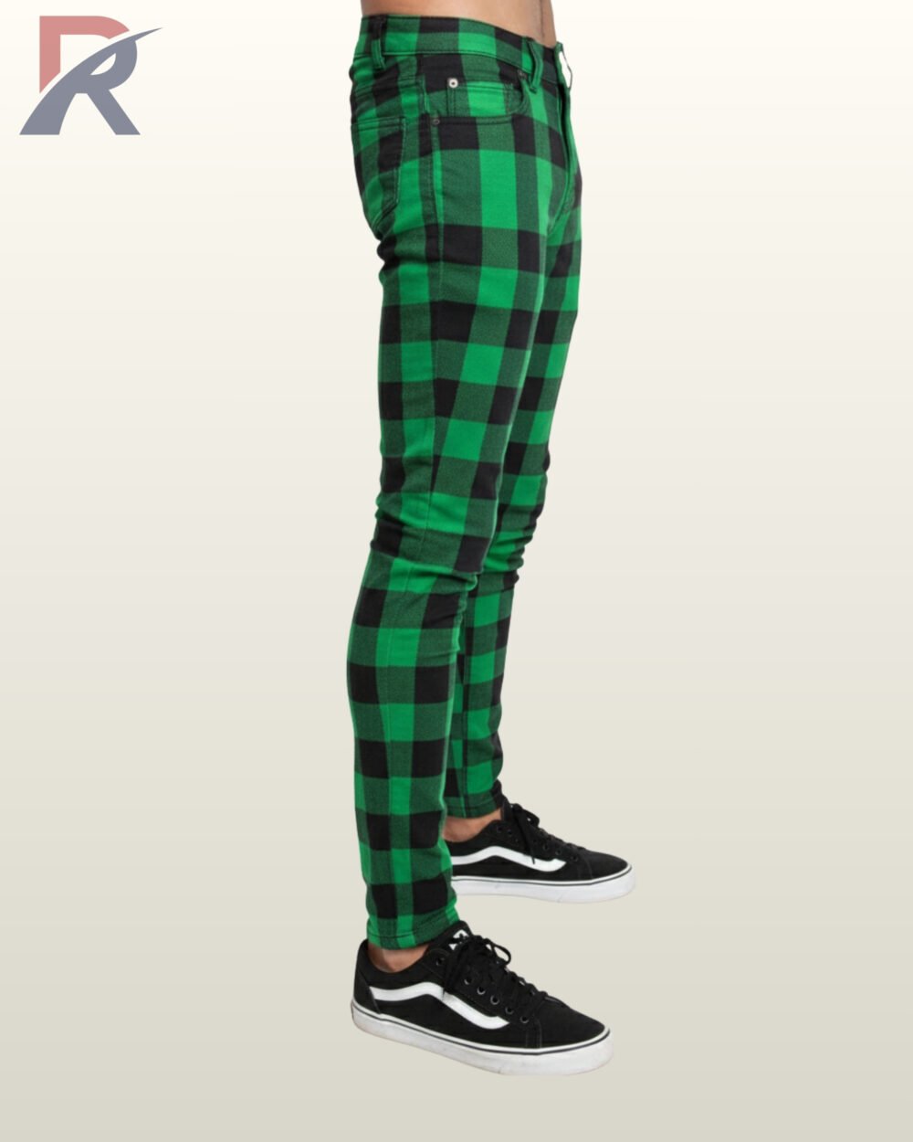 Bold green and black buffalo check skinny pants for alternative fashion enthusiasts.