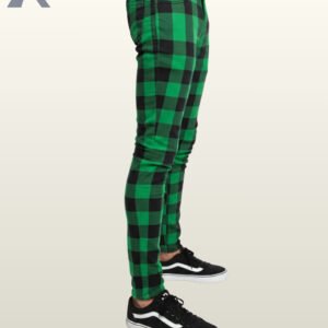 Bold green and black buffalo check skinny pants for alternative fashion enthusiasts.