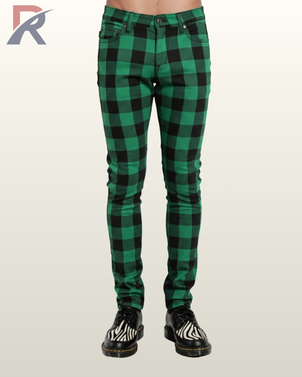 Front view of green and black checkered punk rock pants highlighting the slim fit.