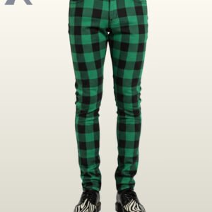 Front view of green and black checkered punk rock pants highlighting the slim fit.