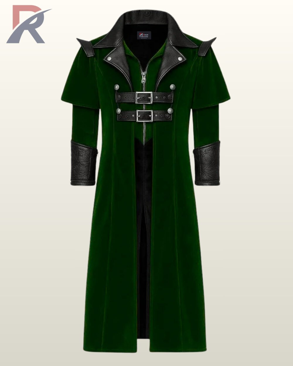 A men's green velvet gothic long coat with a center zipper closure, pointed epaulets, and black leather double chest straps.