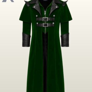 A men's green velvet gothic long coat with a center zipper closure, pointed epaulets, and black leather double chest straps.