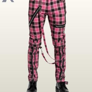Full front view of a male model wearing soft pink tartan plaid punk bondage pants with black accent lines and silver hardware.