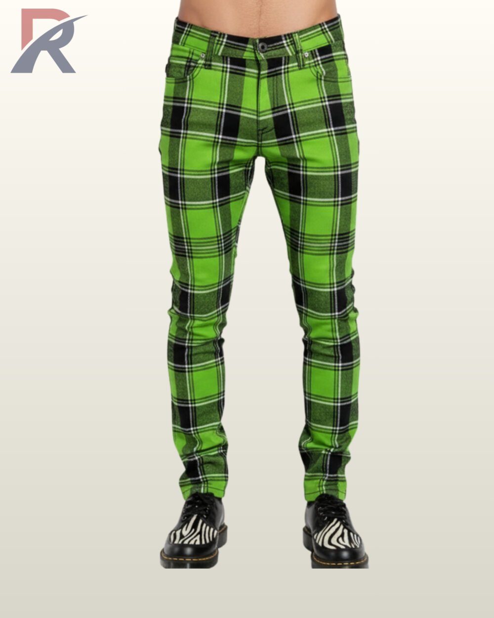 Front view of neon lime green and black checkered punk rock trousers.
