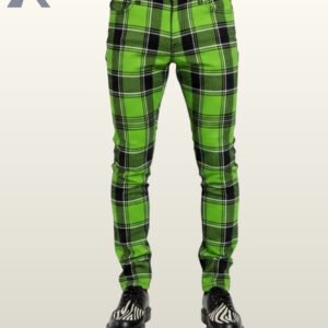 Front view of neon lime green and black checkered punk rock trousers.