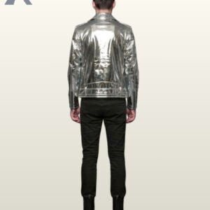 Back perspective of a men's futuristic chrome silver biker jacket displaying reflective finish, zippered cuffs, and black jeans with leather boots.