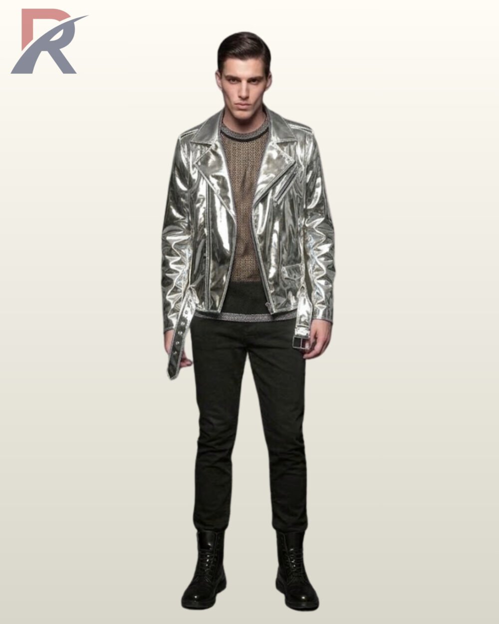 Men's high-shine silver chrome leather biker jacket featuring wide notch lapels, silver zipper pockets, and a buckled hem belt.