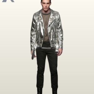 Men's high-shine silver chrome leather biker jacket featuring wide notch lapels, silver zipper pockets, and a buckled hem belt.