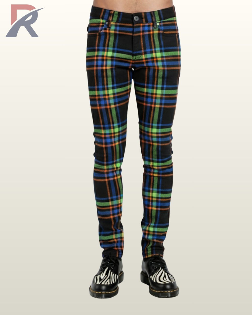 Men's cyberpunk multi-color checkered slim-fit trousers displaying vibrant neon line patterns and classic button waist closure.