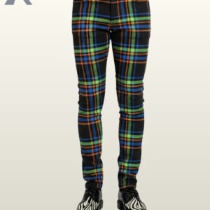 Men's cyberpunk multi-color checkered slim-fit trousers displaying vibrant neon line patterns and classic button waist closure.