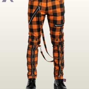 Men's pumpkin orange checkered gothic bondage trousers featuring front zipper accents, thigh buckled straps, and platform boots.
