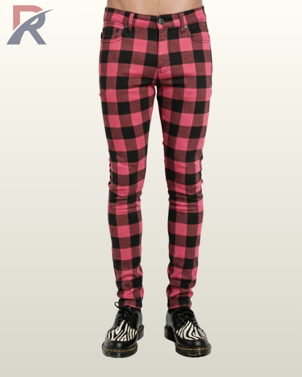 Men's slim-fit skinny pants featuring a bold pink and black buffalo check plaid pattern.