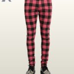Men's slim-fit skinny pants featuring a bold pink and black buffalo check plaid pattern.