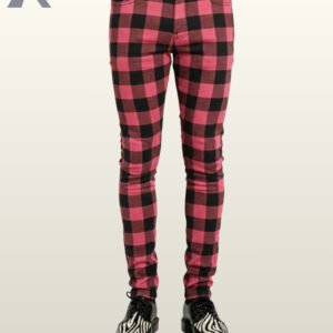 Men's slim-fit skinny pants featuring a bold pink and black buffalo check plaid pattern.