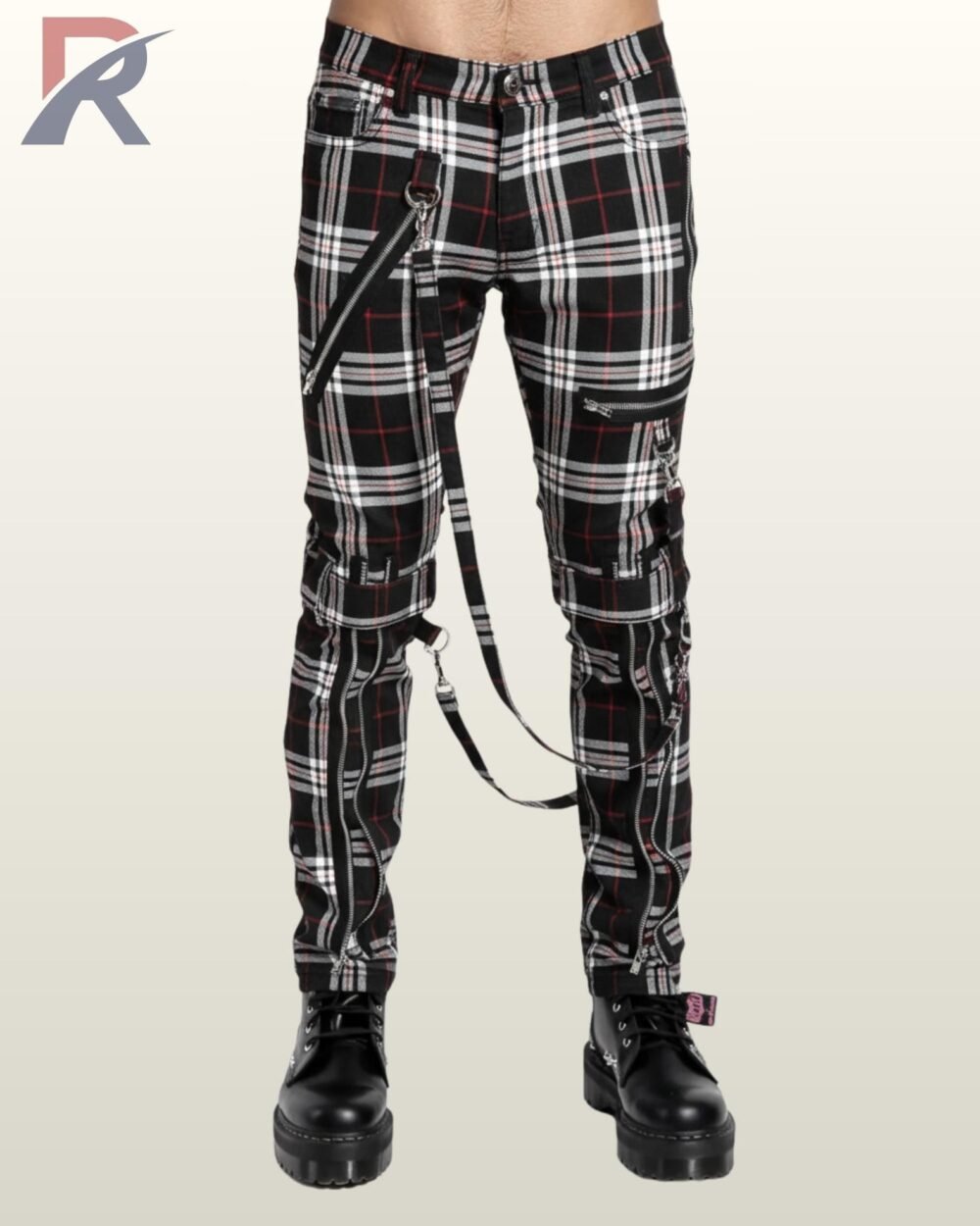 Men's black and white plaid bondage pants with metal zippers and hanging straps.