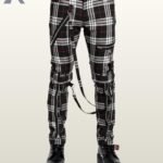 Men's black and white plaid bondage pants with metal zippers and hanging straps.