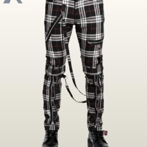 Men's black and white plaid bondage pants with metal zippers and hanging straps.