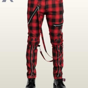 Full front view of a male model wearing red and black buffalo plaid punk bondage pants with silver zippers, thigh straps, and hanging D-ring bondage straps.