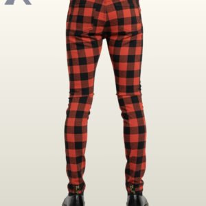 Full rear view of a male model wearing men's red and black buffalo plaid skinny punk pants showing fitted rear seat paneling and back pockets.