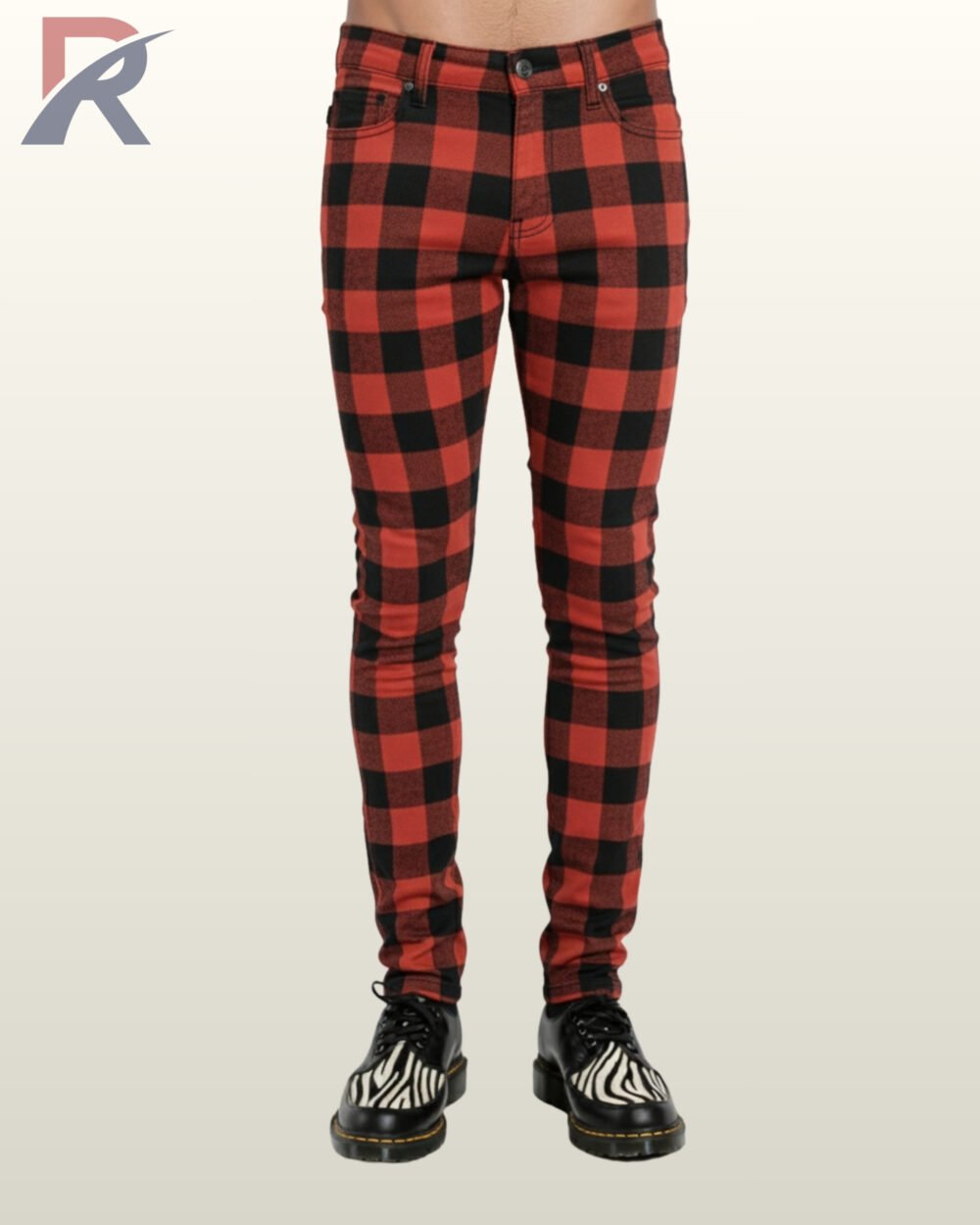 Men's fitted red checkered gothic punk trousers styled with black leather zebra-panel oxford creepers.