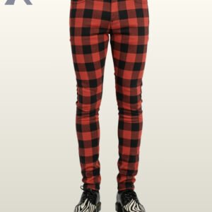 Men's fitted red checkered gothic punk trousers styled with black leather zebra-panel oxford creepers.