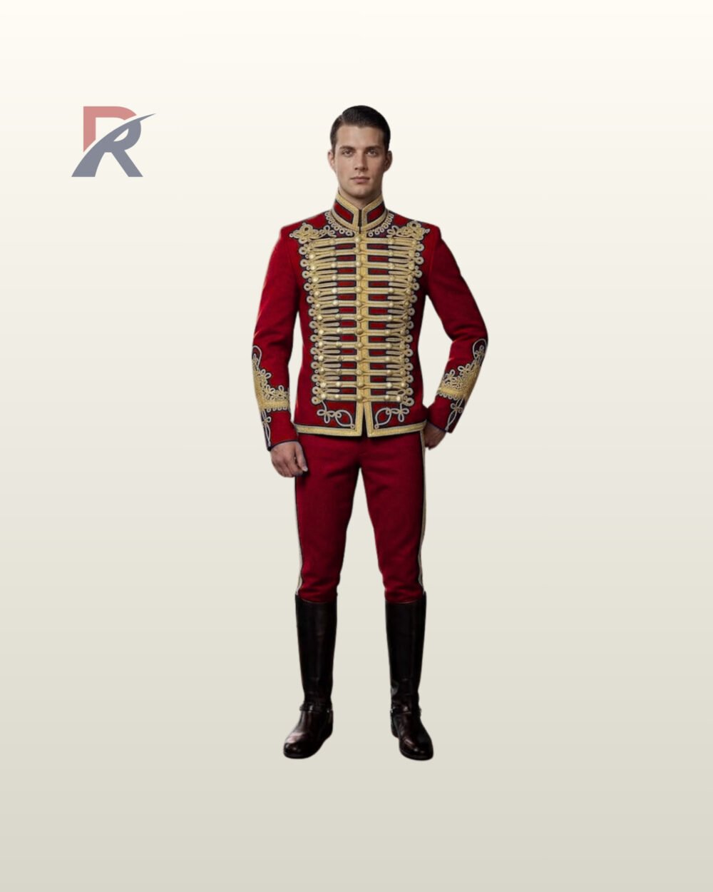 Full front view of a male model wearing a crimson red hussar military jacket with detailed gold braid chest bars, double row brass buttons, and embroidered cuffs.