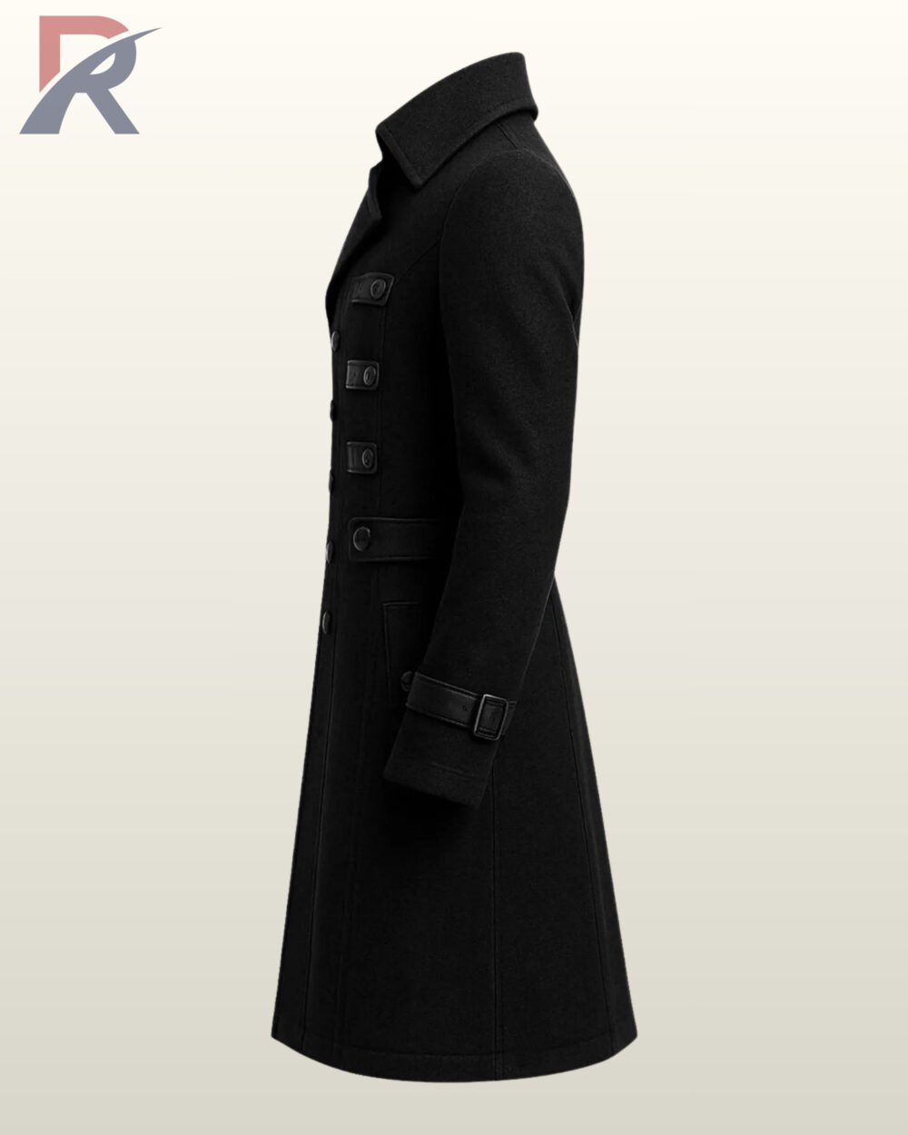Black wool blend regimental hussar coat with a classic folded collar and tailored waist paneled stitching.
