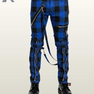 Men's cobalt blue checkered gothic bondage trousers featuring front shin zippers, thigh buckle bands, and platform combat boots.