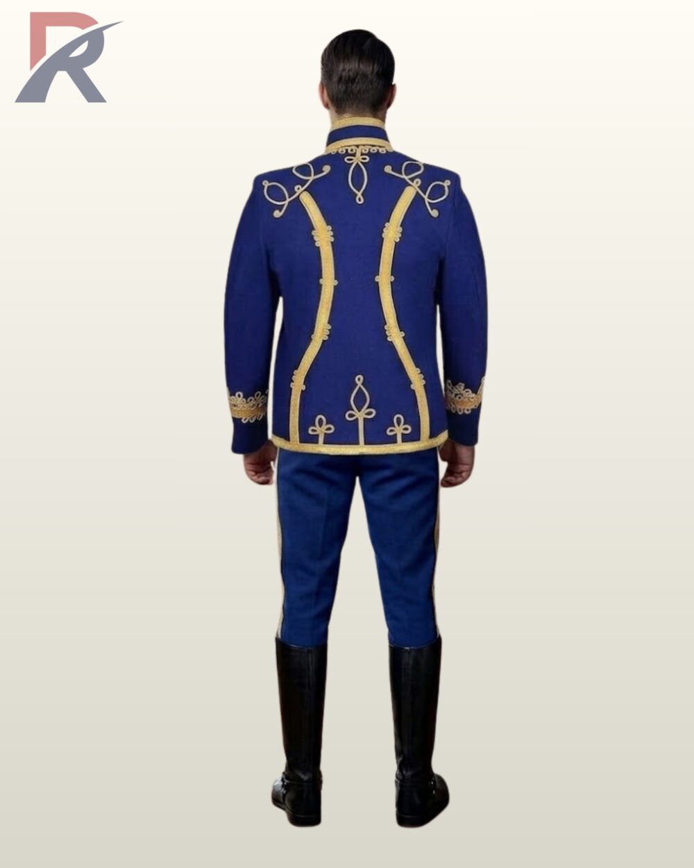 Back perspective of a men's royal blue parade tunic coat featuring gold braided seam details, collar embroidery, and gold-striped blue trousers.