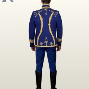 Back perspective of a men's royal blue parade tunic coat featuring gold braided seam details, collar embroidery, and gold-striped blue trousers.