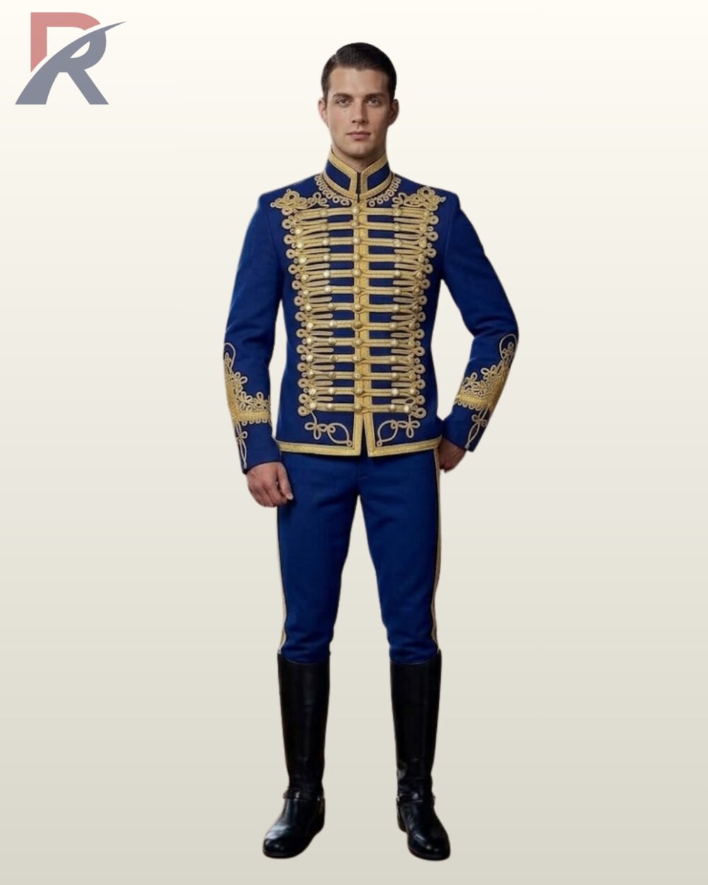 Full front view of a male model wearing a royal blue hussar military parade jacket featuring intricate gold cord chest braiding, brass dome buttons, and elaborate cuff embroidery.