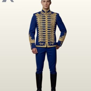 Full front view of a male model wearing a royal blue hussar military parade jacket featuring intricate gold cord chest braiding, brass dome buttons, and elaborate cuff embroidery.