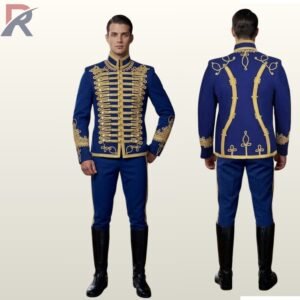 Side-by-side front and rear view of a model wearing a men's royal blue military hussar uniform suit with gold braided chest motifs, Austrian knots, and gold-trimmed trousers.