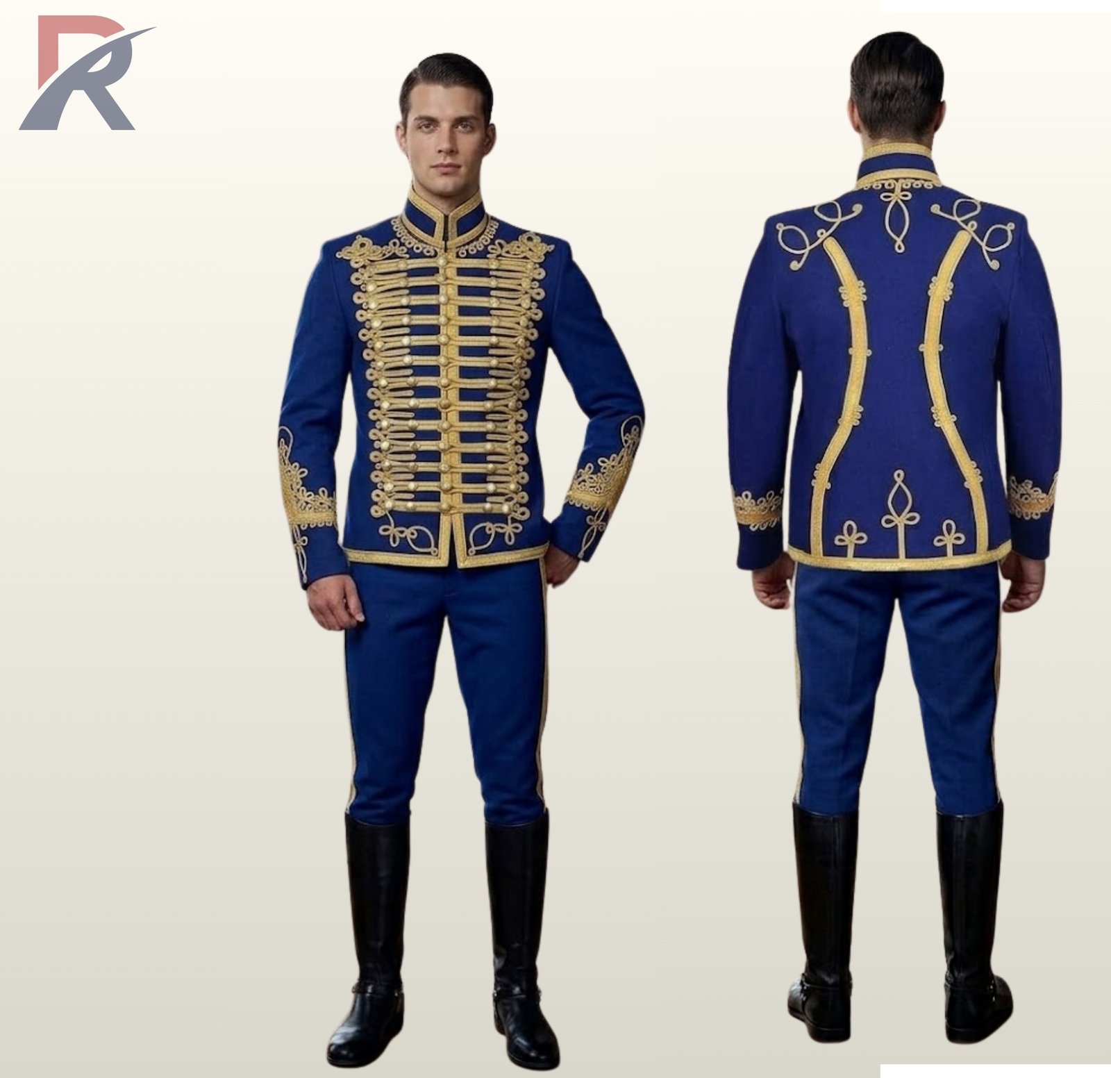 Side-by-side front and rear view of a model wearing a men's royal blue military hussar uniform suit with gold braided chest motifs, Austrian knots, and gold-trimmed trousers.