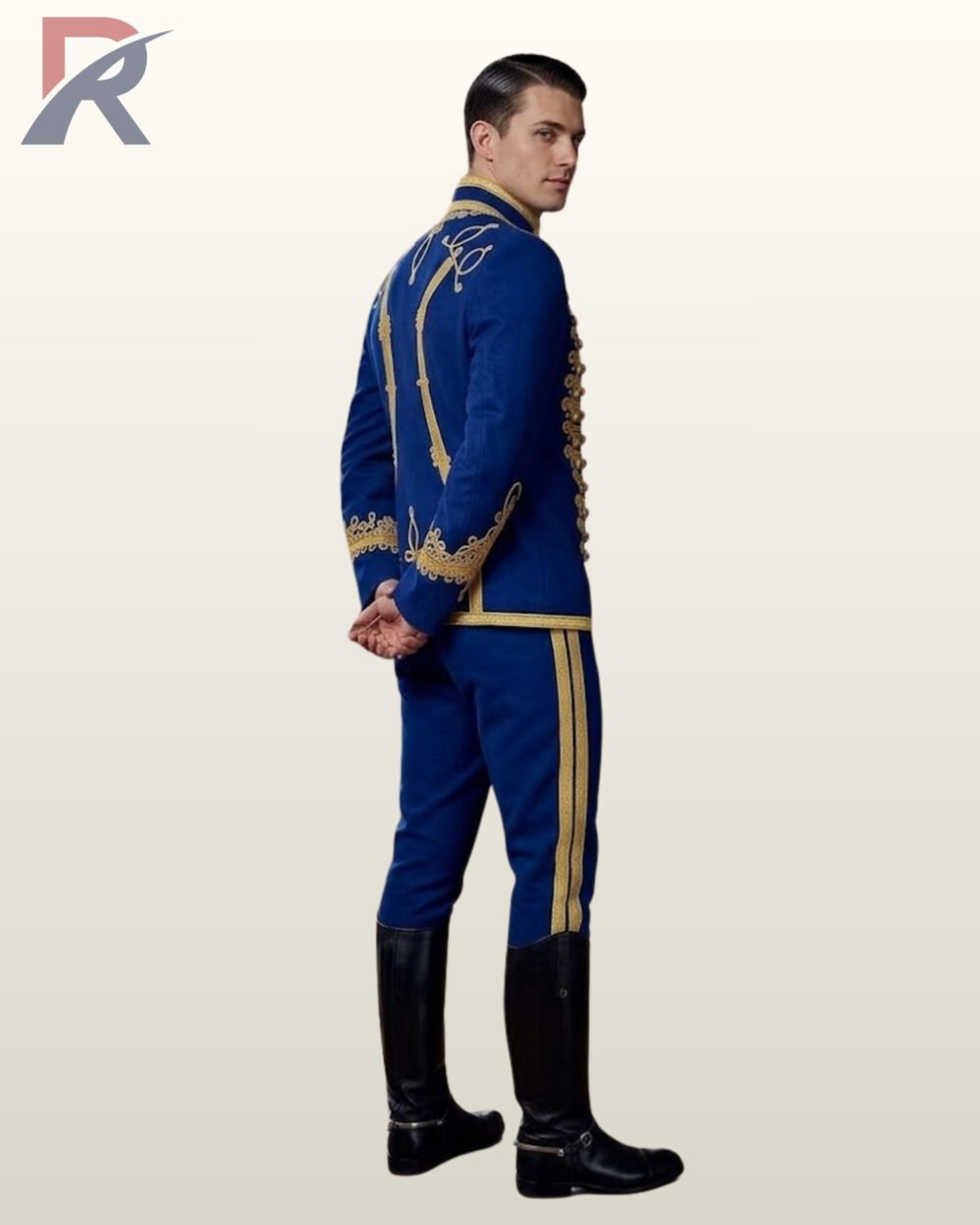 Three-quarter side shot of a men's royal blue parade suit displaying detailed gold shoulder knots, standing collar, and black riding boots.