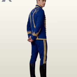 Three-quarter side shot of a men's royal blue parade suit displaying detailed gold shoulder knots, standing collar, and black riding boots.