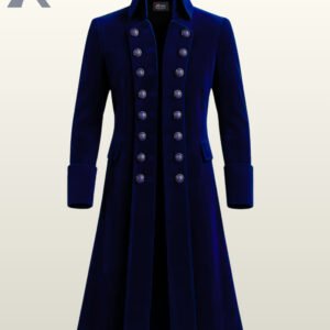 Flat display of a men's victorian pirate long sapphire blue velvet frock coat showcasing wide turned cuffs, standing collar, side waist flap pockets, and inner wool lining.