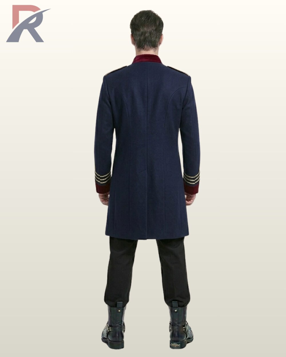 Full rear view of a male model wearing a navy blue military officer coat showcasing burgundy velvet collar trim, gold sleeve braid, and tailored back seams.