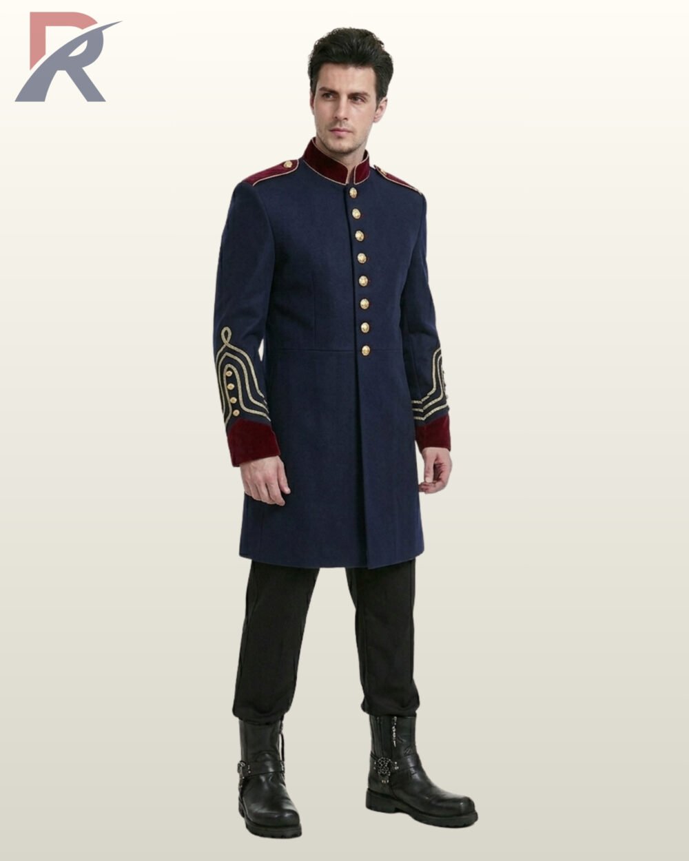 Men's victorian naval parade jacket featuring brass front buttons, maroon velvet standing collar, epaulet straps, and leather combat boots.